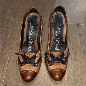 Diesel Tan and Brown Leather Loafers with Lace Accent